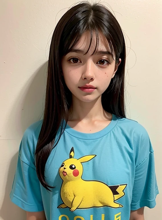 Uma adolescente, no one else in the background, delicate features, olhos grandes, sensual lips, corpo sexy, golden ratio, franja, cabelos cacheados, cabelo rosa claro, peito alto, camiseta Pikachu seios grandes, barriga, uma  muito bonita, cabelo azul claro, Anime 5 dormir,Computer Graphics, sob arte, peito grande e bonito, peito super grande, Peito apertado, roupas apertadas, saia azuis claras,Caminhada Quadrada, rastreamento de raio,Brilhante, 