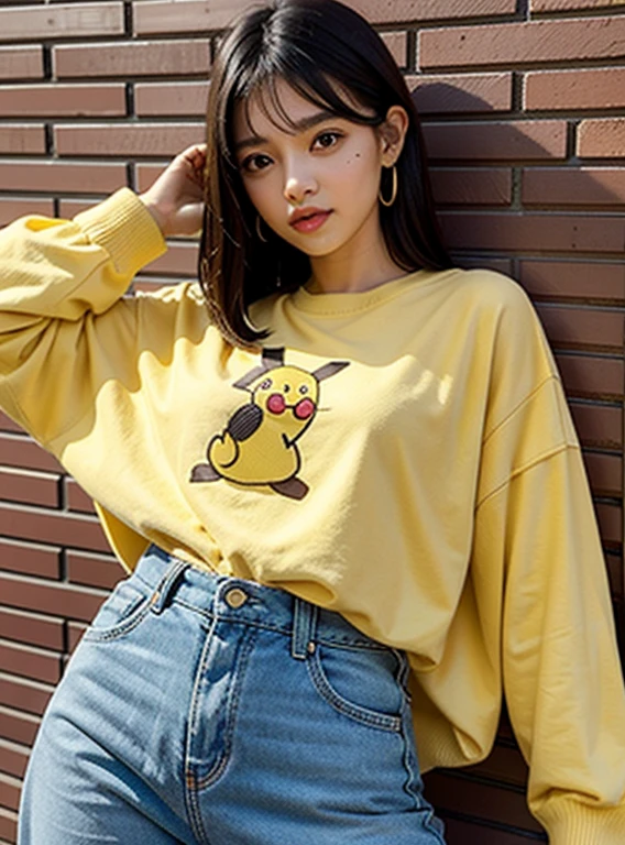 Uma adolescente, no one else in the background, delicate features, olhos grandes, sensual lips, corpo sexy, golden ratio, franja, cabelos cacheados, cabelo rosa claro, peito alto, camiseta Pikachu seios grandes, barriga, uma muito bonita, cabelo azul claro, Anime 5 dormir,Computer Graphics, sob arte, peito grande e bonito, peito super grande, Peito apertado, roupas apertadas, saia azuis claras,Caminhada Quadrada, rastreamento de raio,Brilhante,