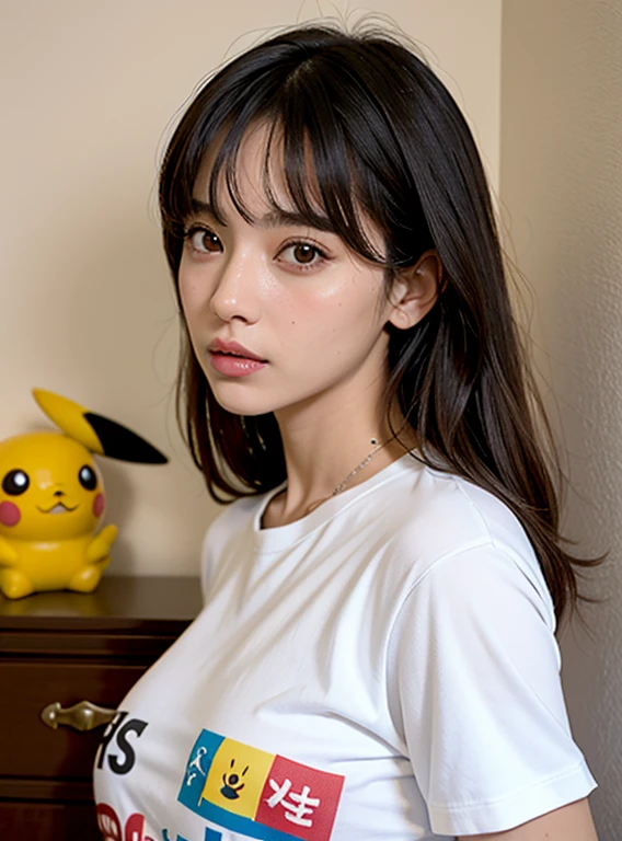 Uma adolescente, no one else in the background, delicate features, olhos grandes, sensual lips, corpo sexy, golden ratio, franja, cabelos cacheados, cabelo rosa claro, peito alto, camiseta Pikachu seios grandes, barriga, uma  muito bonita, cabelo azul claro, Anime 5 dormir,Computer Graphics, sob arte, peito grande e bonito, peito super grande, Peito apertado, roupas apertadas, saia azuis claras,Caminhada Quadrada, rastreamento de raio,Brilhante, 