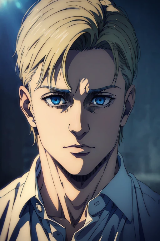 (best quality,highres,masterpiece:1.2),ultra-detailed,(realistic,photorealistic,photo-realistic:1.37),Male character,Mappa art style,Blue eyes,Medium blonde hair,Sharp jawline,Blue shirt