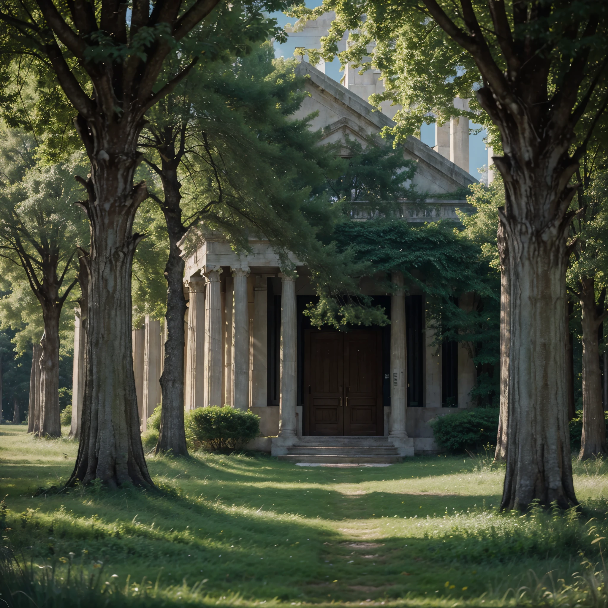 ralph-mcquarrie style, greek architecture done in a sci-fi style on a beautiful forest and meadow scene with tall buildings and open green spaces, oil painting, beautiful, highly detailed