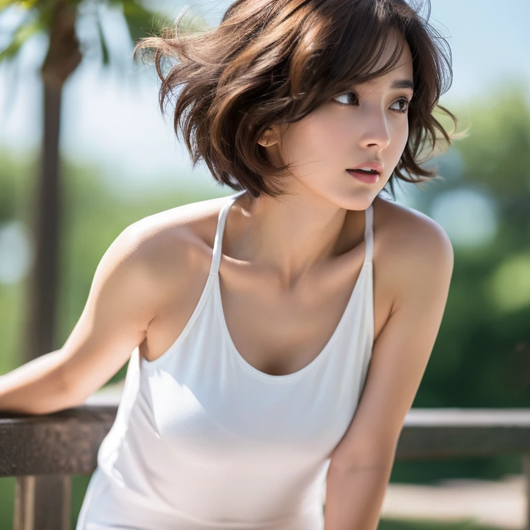 highest quality, super detailed, finely, High resolution, 8k wallpaper, perfect dynamic composition、highest quality,super detailed,young and thin、realな容姿、 detailed eyes and lips、10th generation、whole body、plump breasts、open your mouth a little、real、open legs、brown hair、1 person、、clear、Hair flutters in the wind、short hair、Tank top with a clearly visible chest shape、natural soft light、short tight skirt、