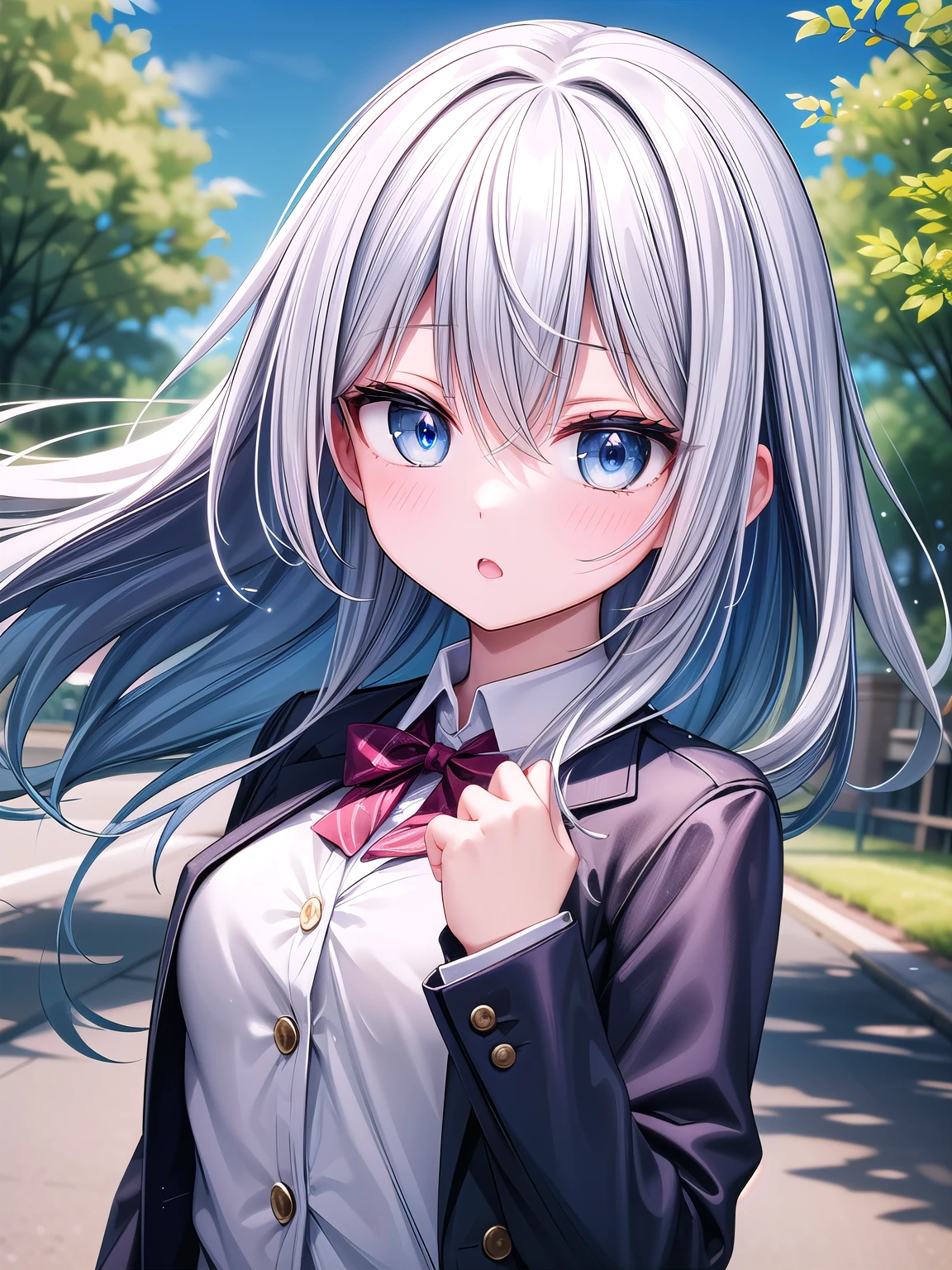 solo girl, 20 years old, upper body,standing,long hair,hair flowing with wind, looking at viewer, silver hair, blue eyes, sparkle eyes, blush, small bosom, school uniform, blazer, blue sky,tree,insanely detailed, absurdres, ultra-highres, ultra-detailed, best quality
,slender, kawaii, perfect symmetrical face, ultra cute girl, ultra cute face, ultra detailed eyes, ultra detailed hair, ultra cute, ultra beautiful