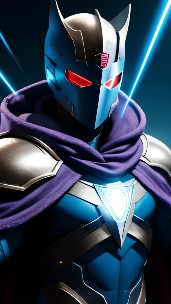 Laser beam, siperheroe, fliying, cape, face mask, armor, shining blue