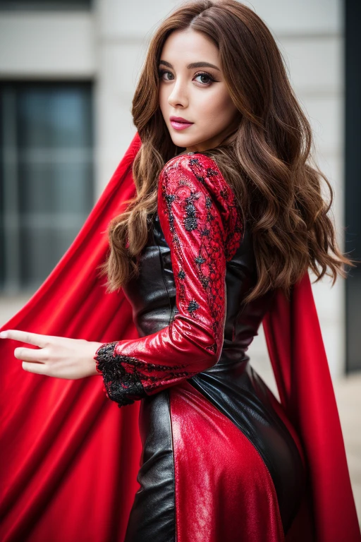 Very detailed photo of a woman, Lora Elizabeth, Scarlet Witch, Avengers, wearing black lace dress, Open Red Leather Jacket, 8K UHD, Raw photo, model photoshoot