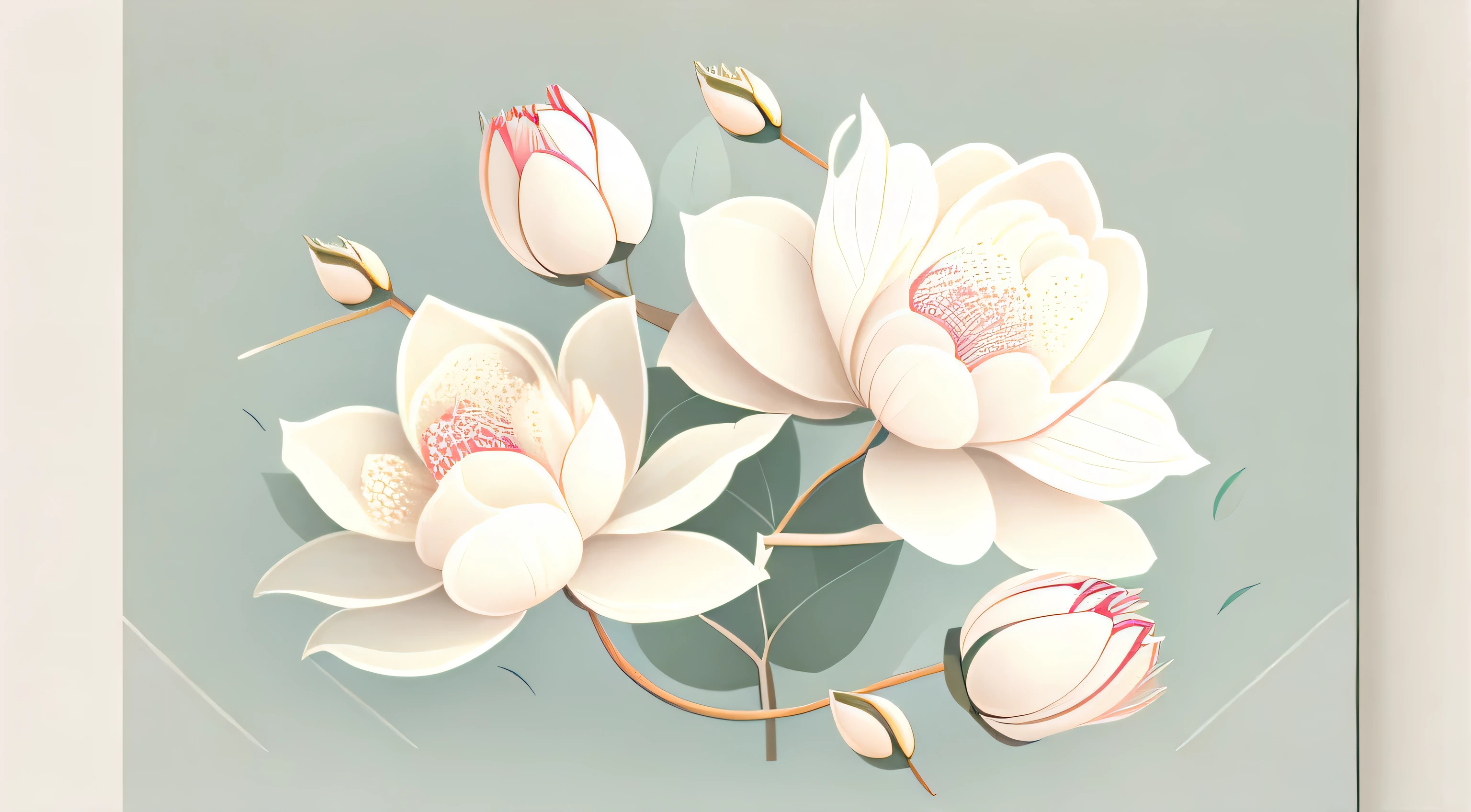 a bouquet of magnolia flowers，white flower，Located in the middle of the screen，printing，flat illustration，Minimalism，Shanghai style, vector art