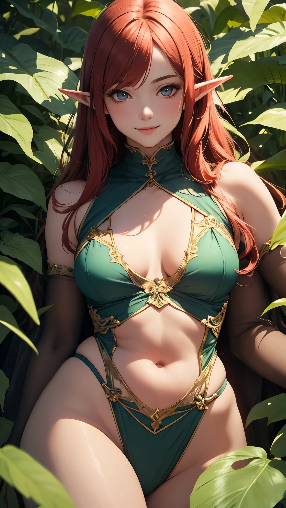 (masterpiece), best quality, expressive eyes, perfect face, Mature elf lying among leaves, red wavy hair, Wearing transparent silk clothes, plump figure, Exquisite facial features, Realistic picture quality, A Nordic woman about 18 years old, Surrealism，Smile