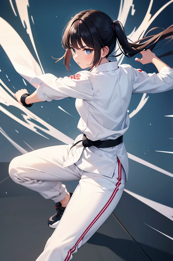 Plain clothing,Pure white karate uniform,White collar,karate stance,fighting girl,martial art,high kick,alone, 1 girl, looking at the viewer,long sleeve,Martial arts hall,white pants,Plain white clothes,black hair,Black belt,