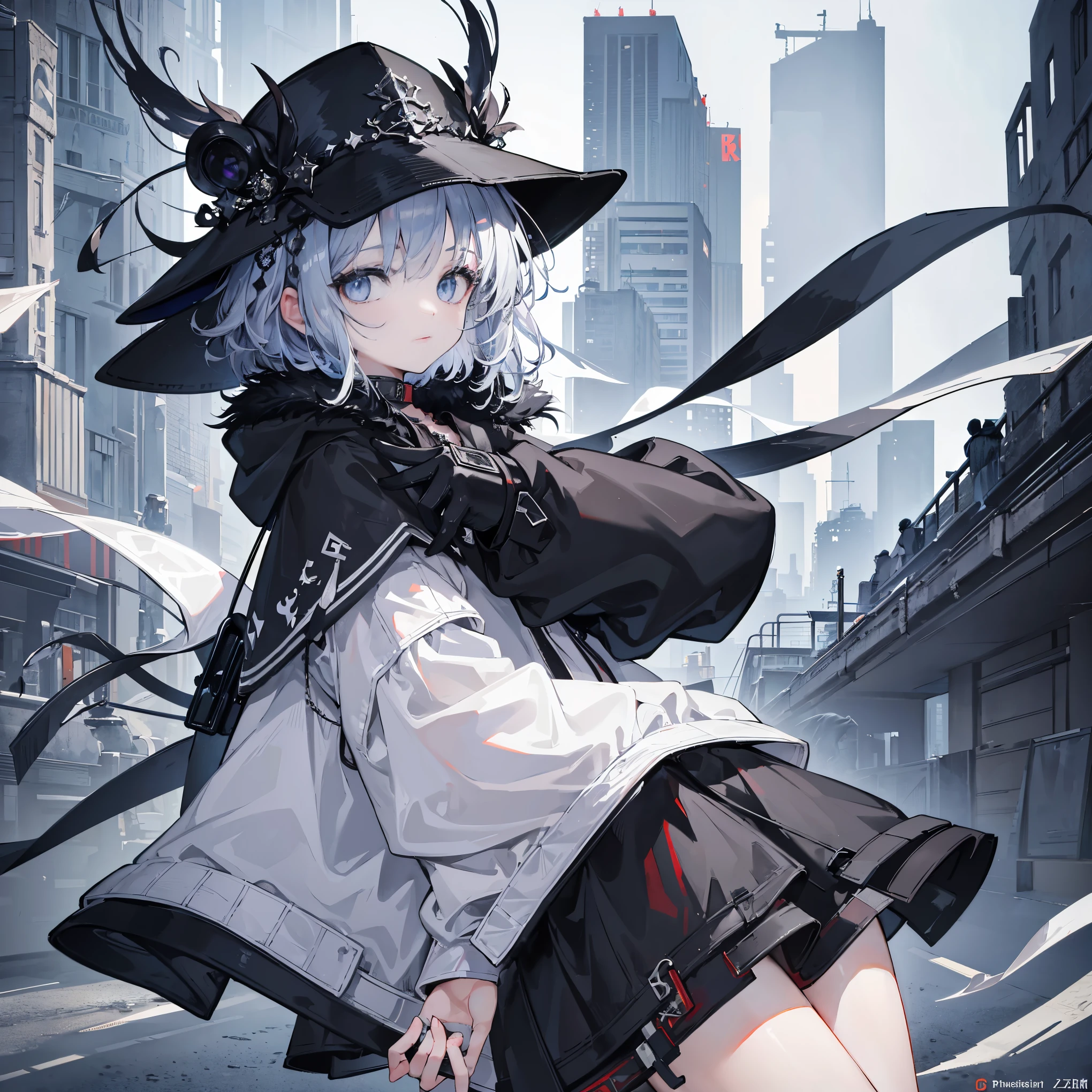 8K resolution、((highest quality))、((masterpiece))、((Super detailed))、only、one young girl、solo、incredibly absurd、worn out black fur clothes、short gray hair、bright colored eyes、1 woman、fantasy、hat、Medieval city、oversized hoodie