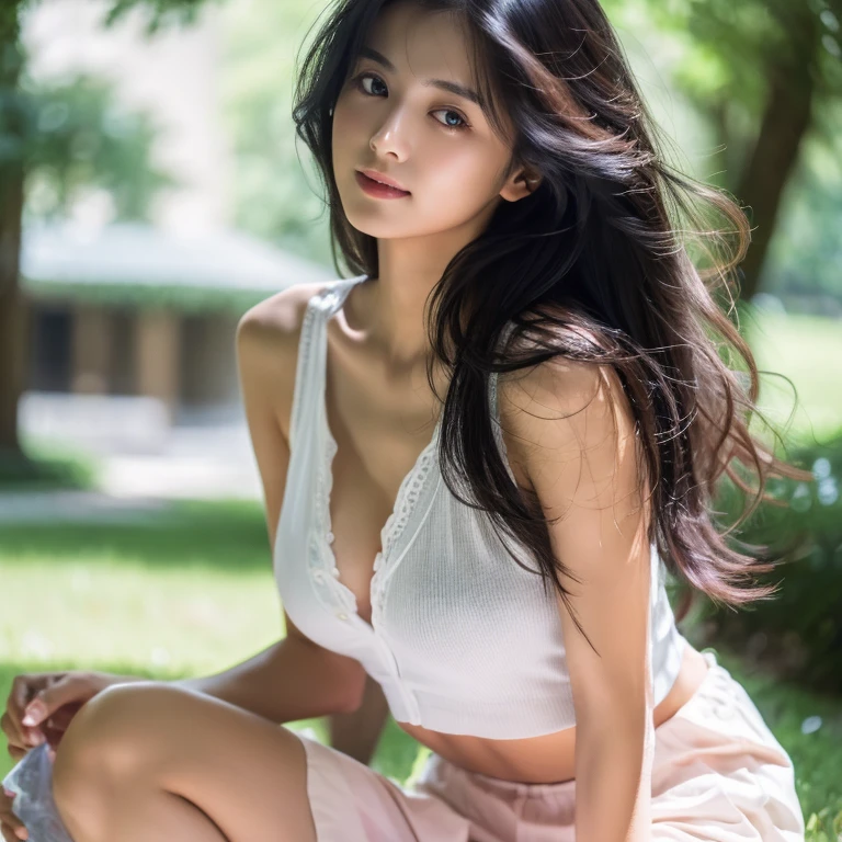 highest quality, super detailed, finely, High resolution, 8k wallpaper, perfect dynamic composition、highest quality,super detailed,young and thin、realな容姿、 detailed eyes and lips、10th generation、whole body、plump breasts、open your mouth a little、real、open legs、long hair、Wavy Hair、black hair、1 person、、clear、Hair flutters in the wind、Tank top with a clearly visible chest shape、natural soft light、short tight skirt、