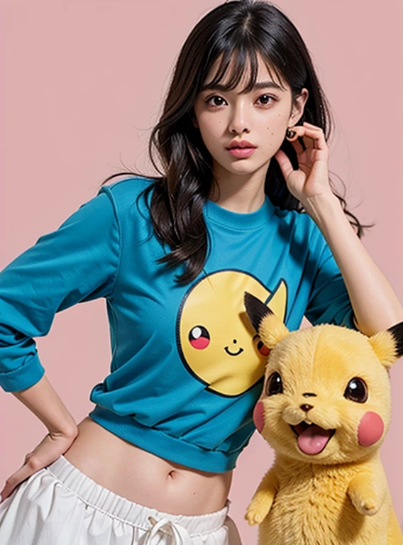 Uma adolescente, no one else in the background, delicate features, olhos grandes, sensual lips, corpo sexy, golden ratio, franja, cabelos cacheados, cabelo rosa claro, peito alto, camiseta Pikachu seios grandes, barriga, uma  muito bonita, cabelo azul claro, Anime 5 dormir,Computer Graphics, sob arte, peito grande e bonito, peito super grande, Peito apertado, roupas apertadas, saia azuis claras,Caminhada Quadrada, rastreamento de raio,Brilhante, 