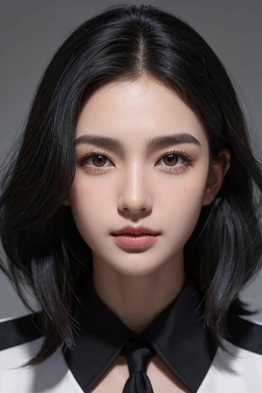 Black hair shoulder-length, slightly curly hair, gray wolf eyes, fair skin, deep and three-dimensional facial features, very handsome, young police academy graduates