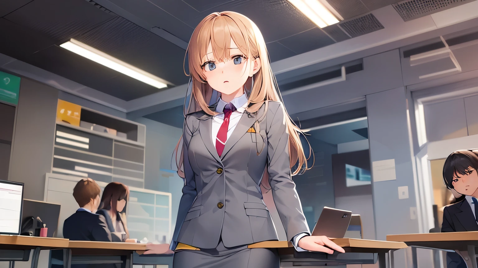 Waving, dutch angle, (looking away:1.5), Realistic, real person, RAW photo, photorealistic, portrait photography, shiny skin, japanese idol、A 25-year-old woman with medium-long hair with bright chestnut bangs.、(wearing a gray suit:1.5)、wearing a gray skirt、Are standing、(surprised:1.5), Alone、The background is an office