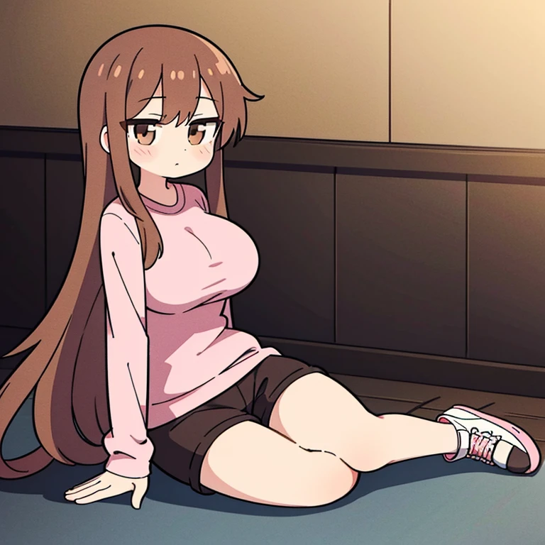 best quality, 8k, 25 year old girl, long brown hair, pink shirt, black shorts, white sneakers, brown eyes, gigantic breasts, Sitting on the floor 