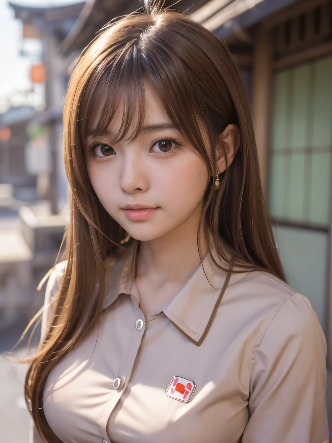 bokeh, masterpiece, RAW photo, beautiful high school girl, Light brown long hair, Light brown beautiful eyes, Blushed face, (Japanese idol:1.5), Plump breast, (office uniform:1.3) , Looking at the viewer, cowboy shot, sundown city,