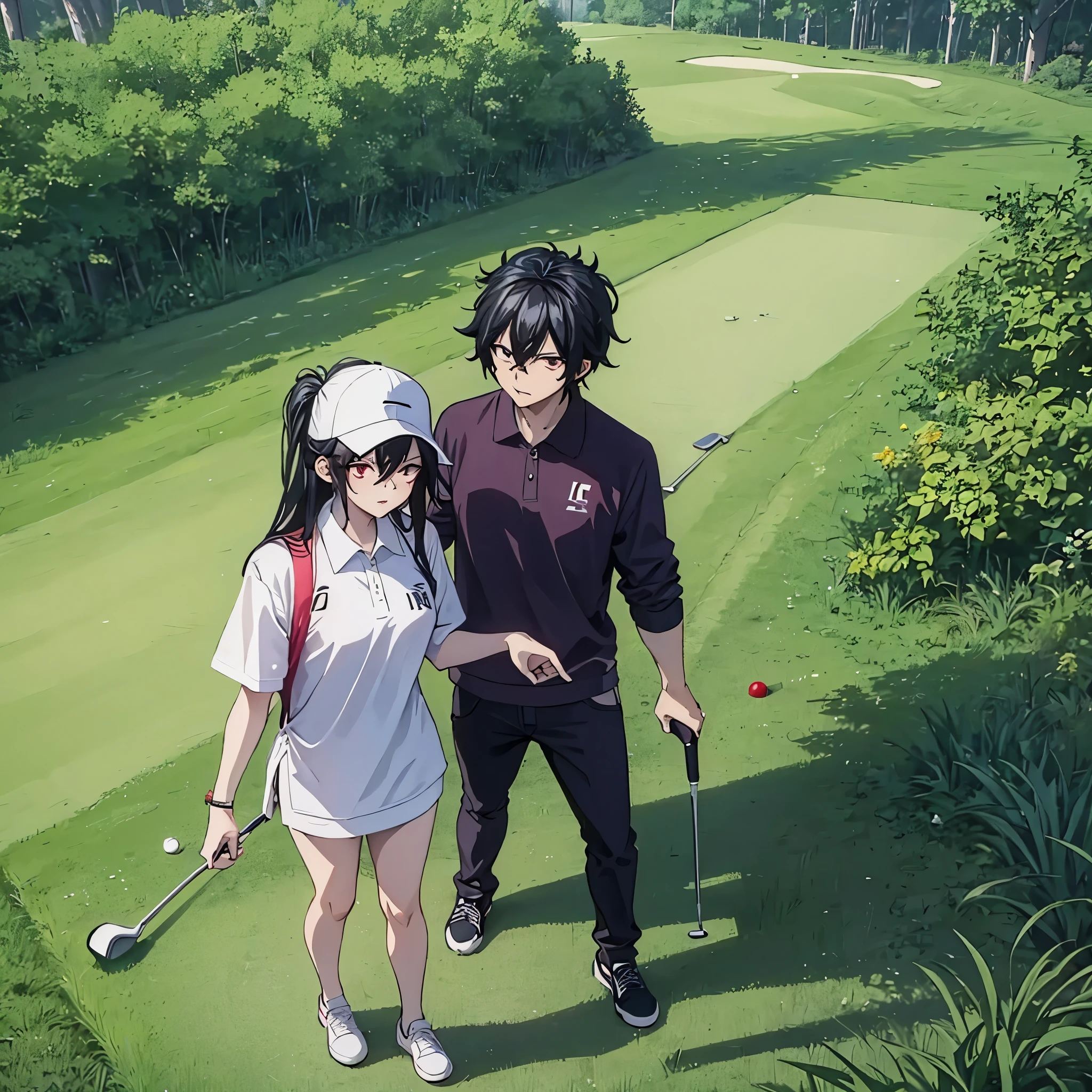 a man together with a woman (eye red) in casual clothes playing golf on a golf course
