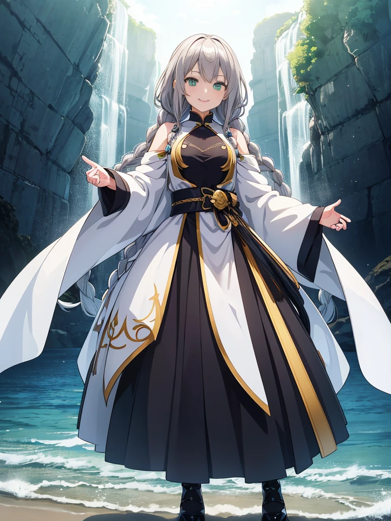 girl,small breasts,Braidの長いgray hair,black long clothes,澄んだgreen eyes,Ethereal elegance,beautiful,Her dress has a sea-like color gradation,二次元のgirl, gray hair,Braid,緩いBraid, green eyes, smile,smile, Fair skin, shiny skin, high resolution, very detailed, White nail polish, gray hair, long hair,Braid, エメラルドのようなgreen eyes,smile, 後ろにBraid,Dress Suits,long pants,suit style dress,Dress,lace gloves,sea color heels,Braidは1本,smile,anime, tachi-e, Lens flare, Ultra high definition, masterpiece, Super detailed, high detail, high quality, 最high quality, High resolution, High-definition full-body photography