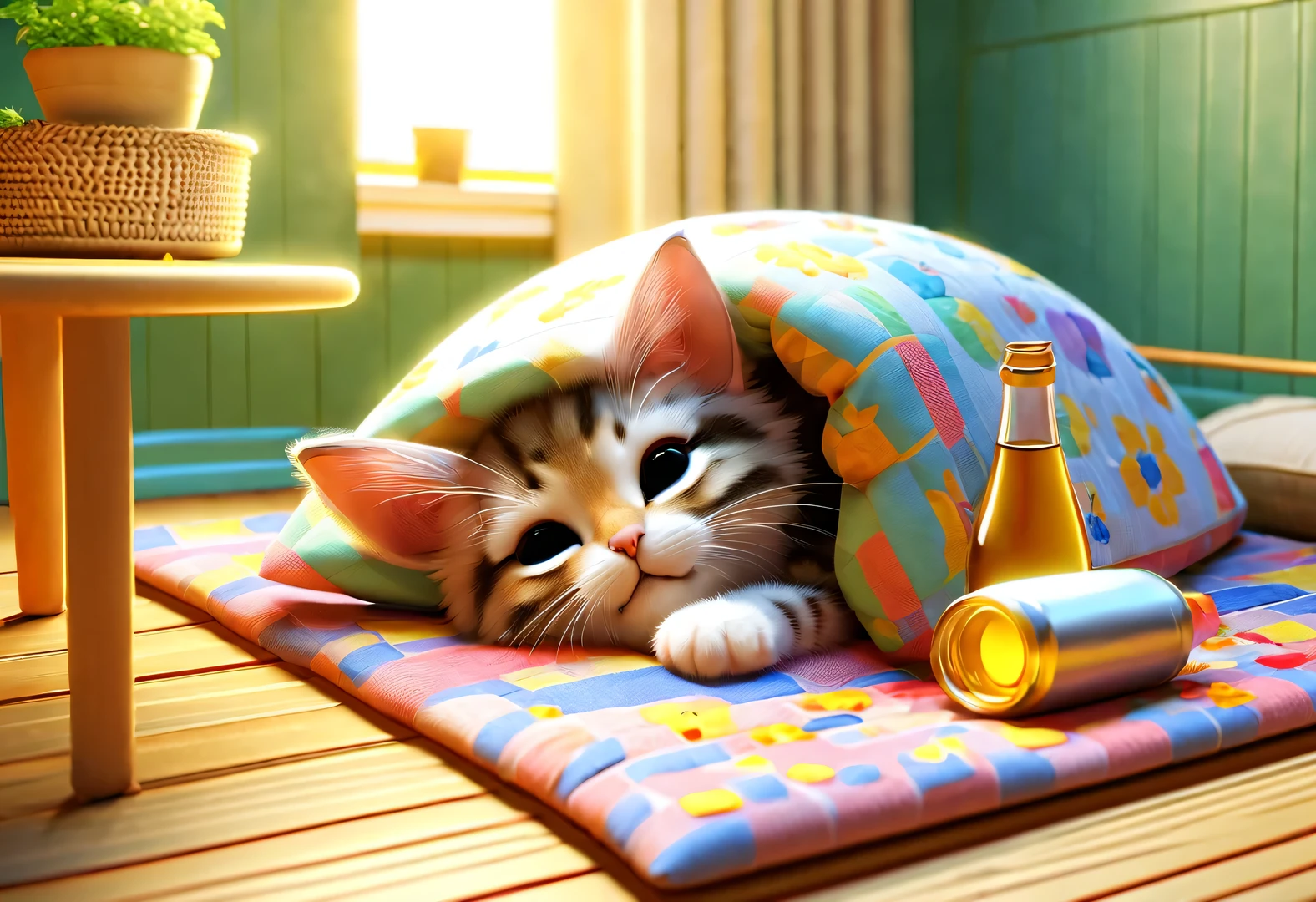 in style of Folk art,(一只可爱of小猫蜷缩在床上of被子下面, Drinking wine and watching TV),(醉酒of表情:0.9),beauty of details,(Exaggeration of big wine bottle:0.65),(Colored hair or back tattoos,)(穿着嘻哈风格of睡衣,戴着夸张of睡帽)(Apply the mask to your face:0.8),(Large soft and colorful cushions,)There are many snacks and colorful drink bottles on the ground,Details of details, background:Comfort and comfort of living room 3D rendering, cartoon,illustration,Pixar,cartoon,ultra high definition,high quality,32k,of