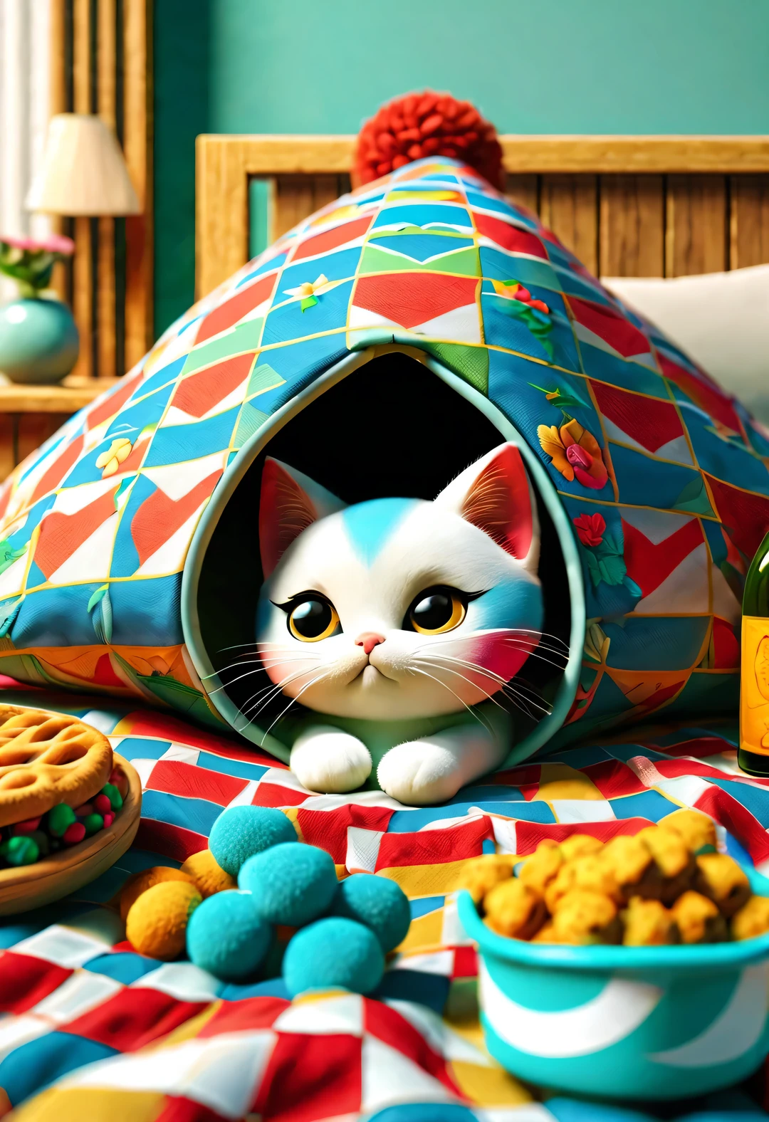 in style of Folk art,(一只可爱of小猫蜷缩在床上of被子下看电视),(醉酒of表情:0.9),beauty of details,(Exaggeration of big wine bottle:0.65),(Colored hair or back tattoos,)(穿着嘻哈风格of睡衣,戴着夸张of睡帽)(Apply the mask to your face:0.8),(Large soft and colorful cushions,)There are many snacks and colorful drink bottles on the ground,Details of details, background:Comfort and comfort of living room 3D rendering, cartoon,illustration,Pixar,cartoon,ultra high definition,high quality,32k,of
