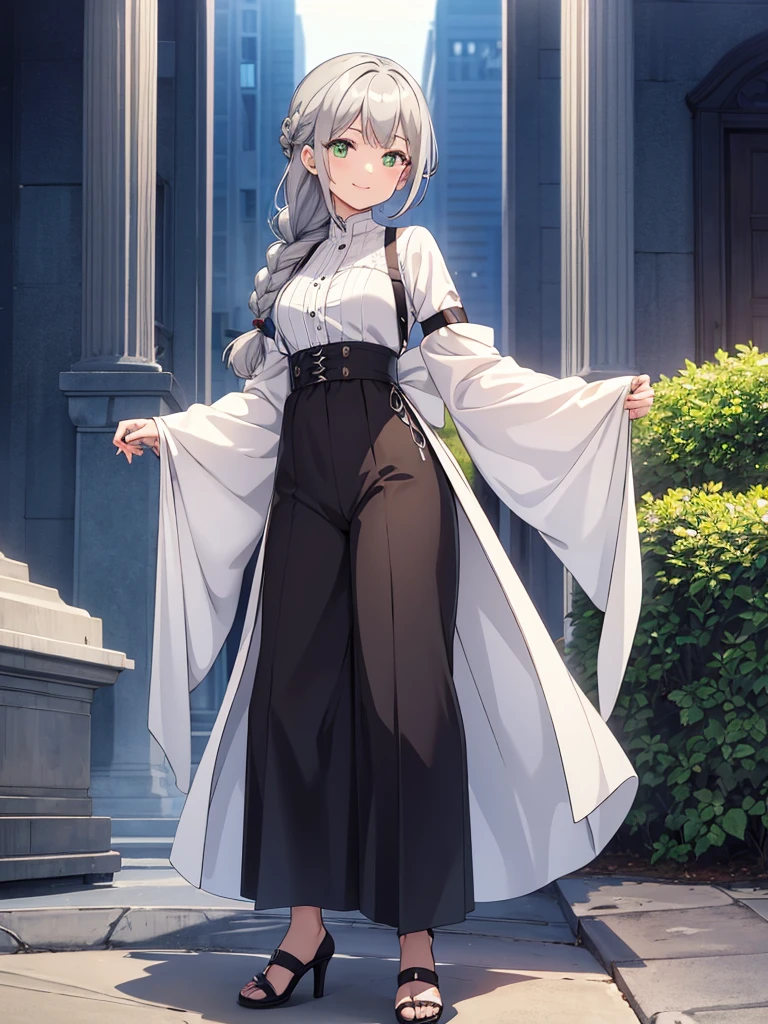 girl,small breasts,Braidの長いgray hair,black long clothes,澄んだgreen eyes,Ethereal elegance,beautiful,Her dress has a sea-like color gradation,二次元のgirl, gray hair,Braid,緩いBraid, green eyes, smile,smile, Fair skin, shiny skin, high resolution, very detailed, White nail polish, gray hair, long hair,Braid, エメラルドのようなgreen eyes,smile, 後ろにBraid,Dress Suits,long pants,suit style dress,Dress,lace gloves,braided heels,black heels,Braidは1本,smile,anime, tachi-e, Lens flare, Ultra high definition, masterpiece, Super detailed, high detail, high quality, 最high quality, High resolution, High-definition full-body photography
