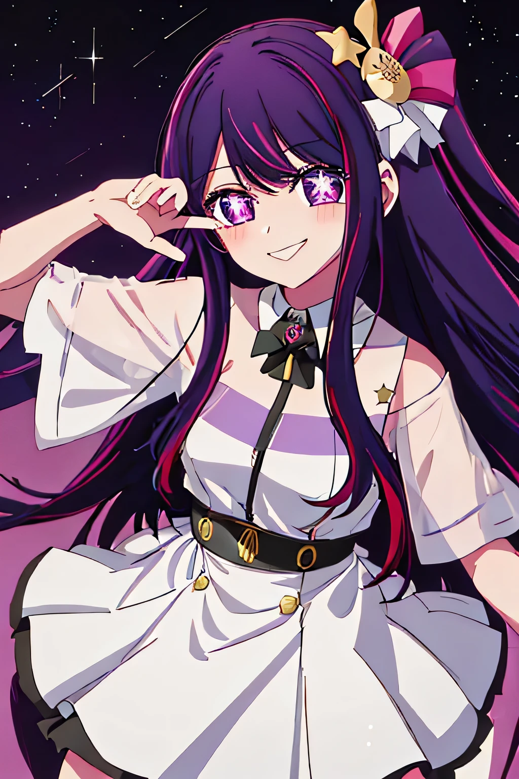 best quality, masterpiece, highres, solo, {hoshino_ai_oshinoko:1.15}, long_hair, purple_eyes, purple_hair, bangs, smile, symbol-shaped_pupils, multicolored_hair, star-shaped_pupils, 1girl, closed_mouth, star_\(symbol\), portrait, blush, close-up
