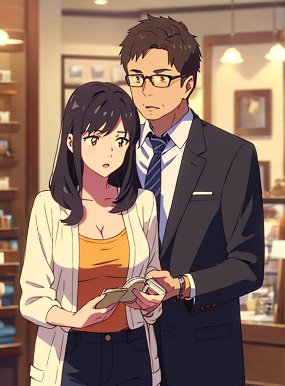 shinkai makoto, kimi no na wa.,wa.,middle-aged man with neatly-combed dark grey hair that ends just above his ears with bangs swept to the right side,formal attire, open mouth, boy touching girl's breast, boy caressing girl's breast, wooing, 1girl, bangs, black hair, brown eyes, waterfall braid, red ribbon, long hair, long sleeve light yellow cardigan, open shirt, yellow shirt, cleavage, breast, medium breast, Orange shirt, indoors, jewelry products, jewelry shop, jewelry saleswoman, indoors, mall, masterpiece, perfect anatomy, cowboyshot