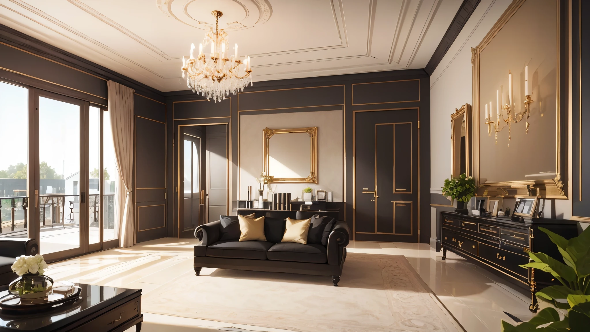 You are a famous interior designer、You have been asked to create a 3D image of a modern large room. Create a harmonious environment with modern and minimalist furniture. Including garden interior.