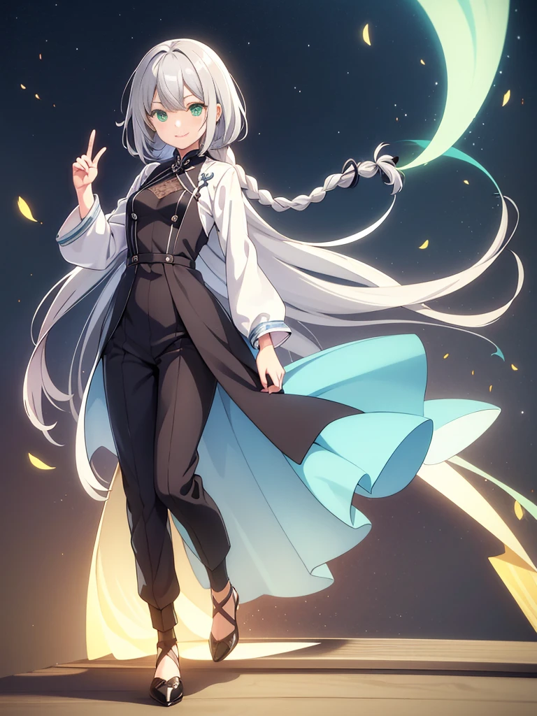 girl,small breasts,Braidの長いgray hair,black long clothes,澄んだgreen eyes,Ethereal elegance,beautiful,Her dress has a sea-like color gradation,二次元のgirl, gray hair,Braid,緩いBraid, green eyes, smile,smile, Fair skin, shiny skin, high resolution, very detailed, White nail polish, gray hair, long hair,Braid, エメラルドのようなgreen eyes,smile, 後ろにBraid,Dress Suits,long pants,suit style dress,Dress,lace gloves,braided heels,black heels,Braidは1本,smile,anime, tachi-e, Lens flare, Ultra high definition, masterpiece, Super detailed, high detail, high quality, 最high quality, High resolution, High-definition full-body photography