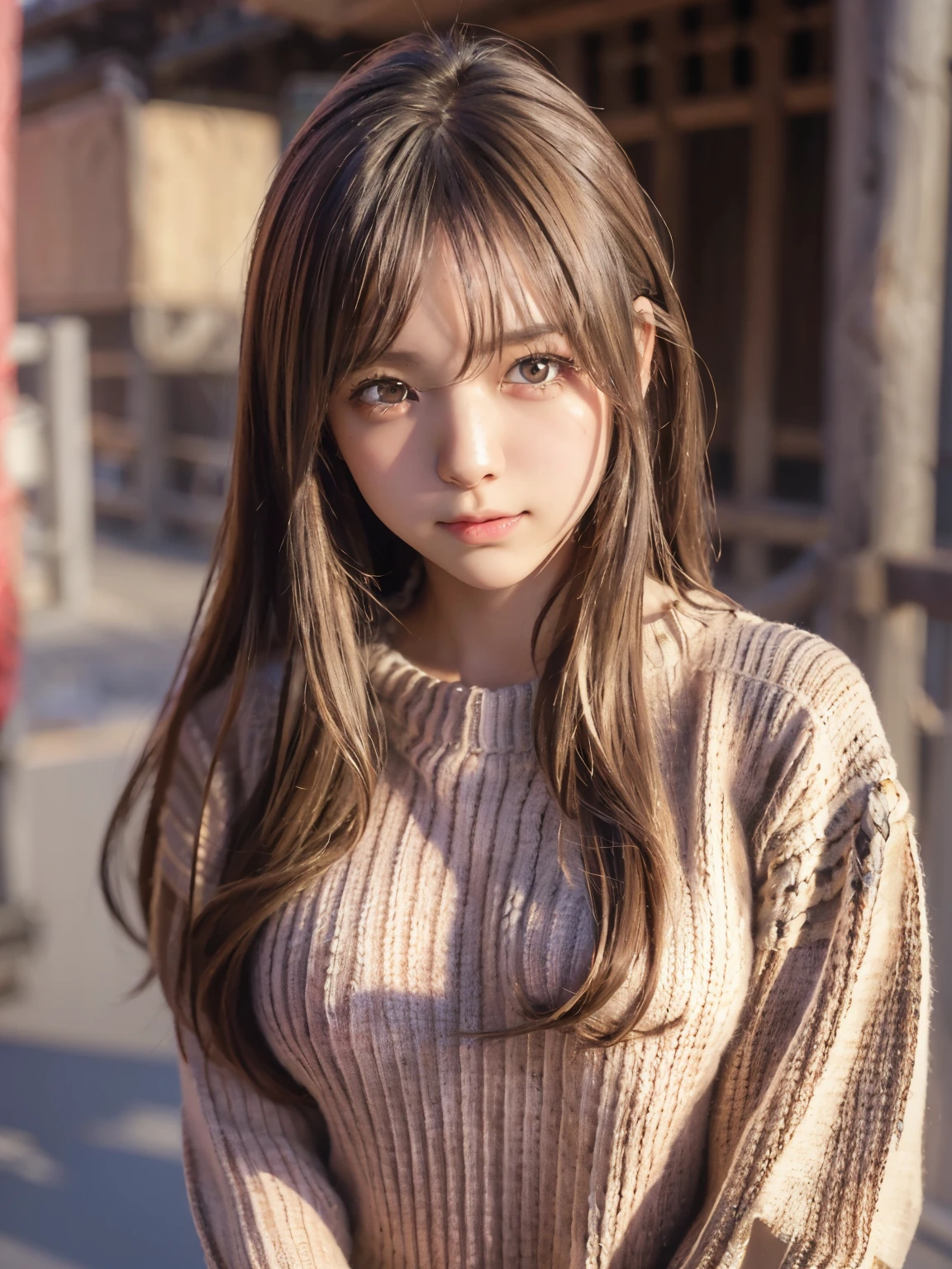 masterpiece, RAW photo, beautiful high school girl, Light brown long hair, Light brown beautiful eyes, Blushed face, (Japanese idol:1.5), Plump breast, (knit sweater :1.3) , Looking at the viewer, cowboy shot, sundown city, 