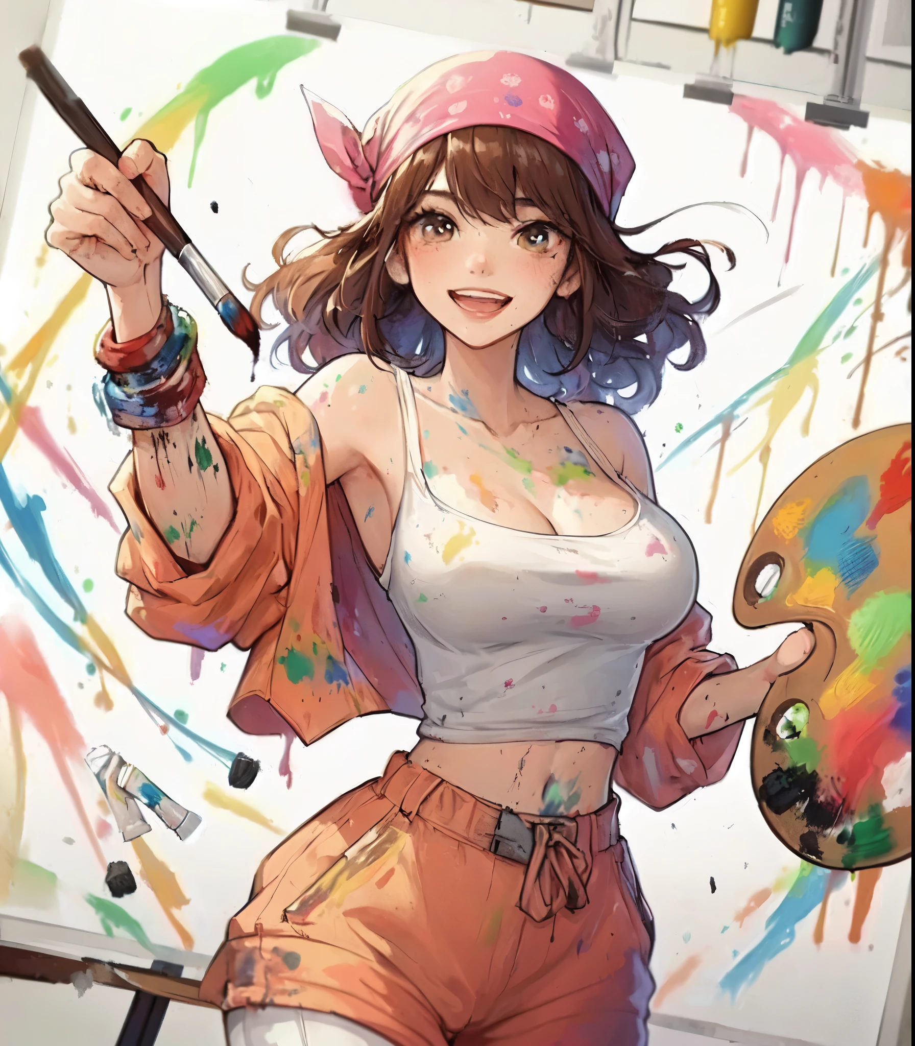 1lady solo, (painting (a spattering painting) on large white paper on the wall), (dynamic posing), (light pink jumpsuit splattered with various colors of paint) stylish, mature female, /(dark brown hair/) bangs (bandana:1.1), blush happy smile (energetically:1.1) teeth, (smeared with paints), (masterpiece best quality:1.2) delicate illustration ultra-detailed, large breasts BREAK (spattering painting) (ink splatter:1.1), (primary colors) gold, (painting brush), (palette of paints) BREAK (artist's studio indoors), (ink splatter)