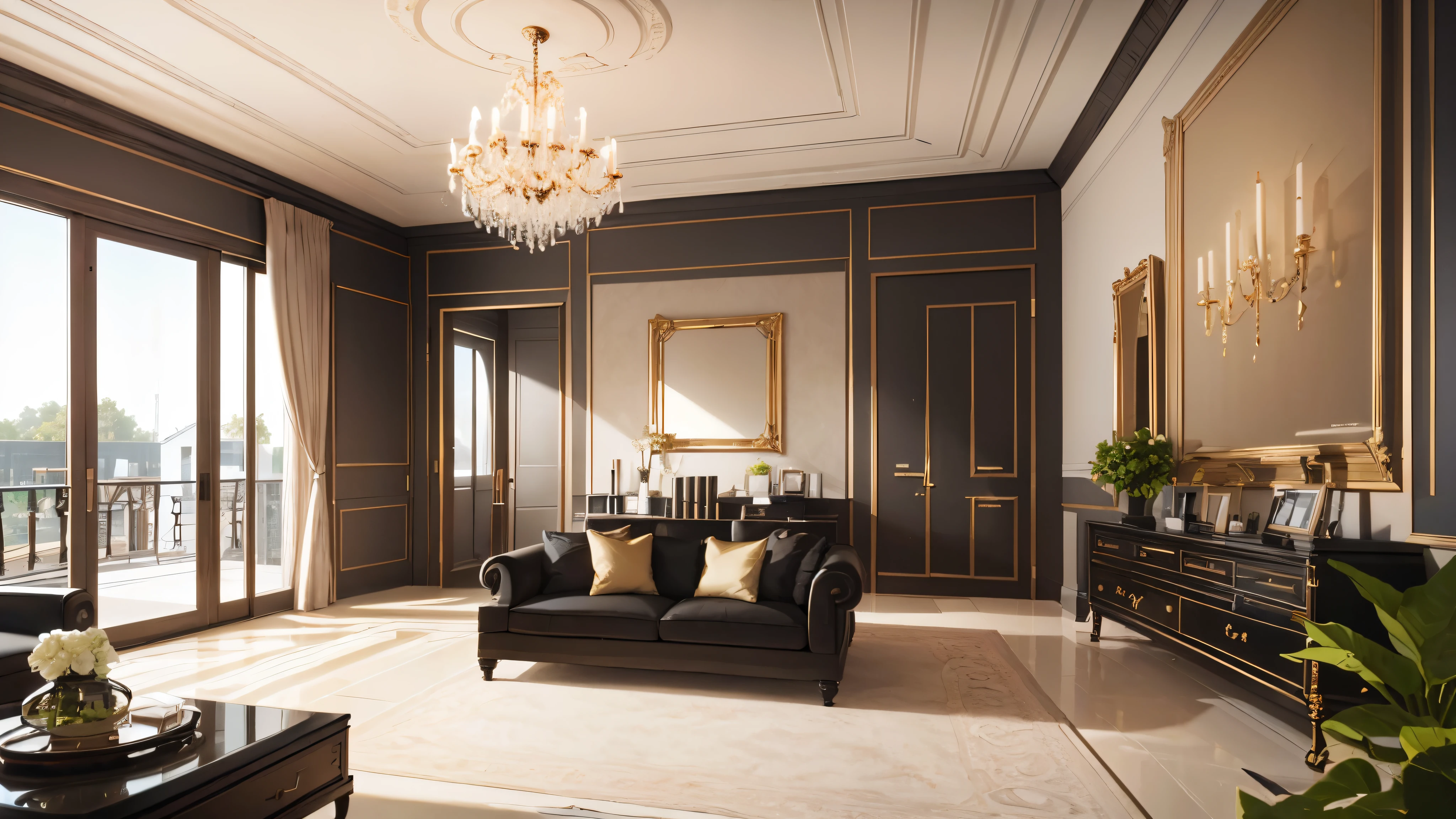 You are a famous interior designer、You have been asked to create a 3D image of a modern large room. Create a harmonious environment with modern and minimalist furniture. Including garden interior.