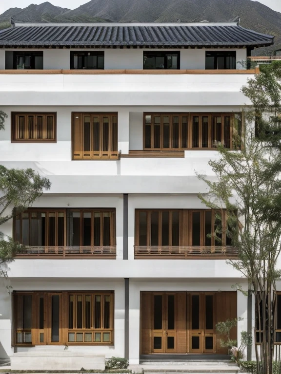 Aging-friendly sustainable space,Design of community cultural center for the elderly,building appearance,One-story building,Outdoor view,Incorporate Lingnan elements,tile,white wall,modernization,rendering,high quality,The entrance is clearly marked,Spacious outdoor space,Accessible Design,Streamlined floor plan,Sufficient lighting