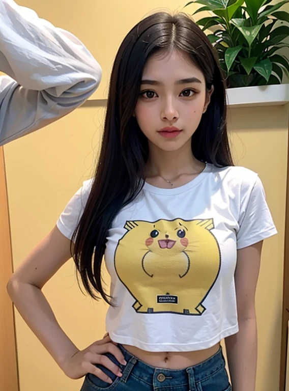 Uma adolescente, no one else in the background, delicate features, olhos grandes, sensual lips, corpo sexy musculosa, golden ratio, franja, cabelos cacheados, cabelo rosa claro, peito alto, camiseta Pikachu seios grandes, barriga, uma  muito bonita, cabelo azul claro, Anime 5 dormir, Computer Graphics, sob arte, peito grande e bonito, peito super grande, Peito apertado, roupas apertadas,Caminhada Quadrada, rastreamento de raio,Brilhante, 