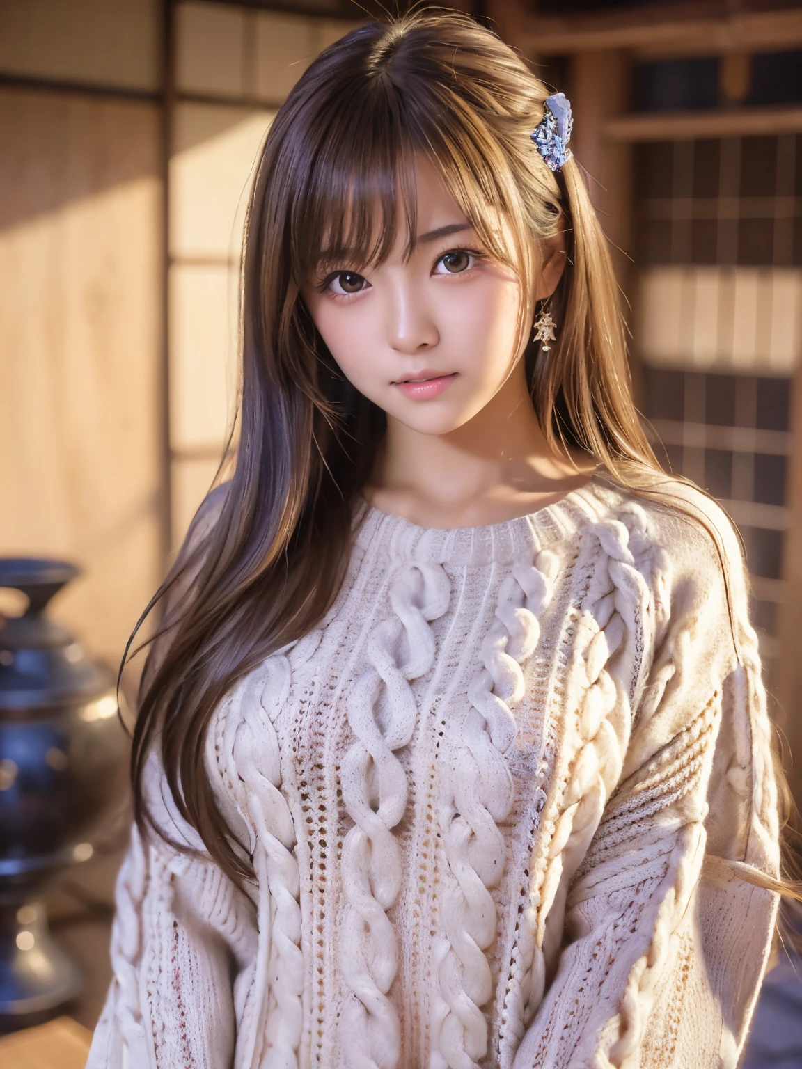 masterpiece, RAW photo, beautiful high school girl, Light brown long hair, Light brown beautiful eyes, Blushed face, (Japanese idol:1.5), Plump , (knit white sweater :1.3) , Looking at the viewer, cowboy shot, sundown city, 