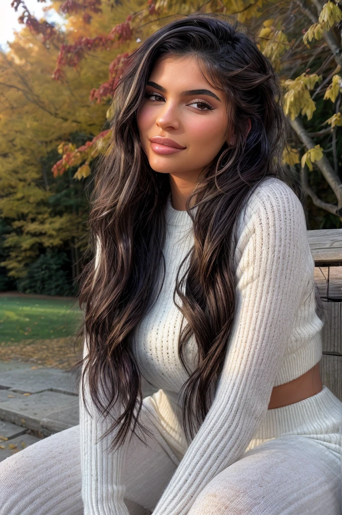 (kyl13j3nn3r), a photo of a beautiful woman, warm chic outfit , autumn, sitting, sunny, bright, (smiling), long wavy hairstyle, posing for a picture, subject focus, striking a pose, perfect lighting, jewelry, makeup, 24mm, 4k textures, looking at viewer, making eye contact, realistic, 8k, dslr