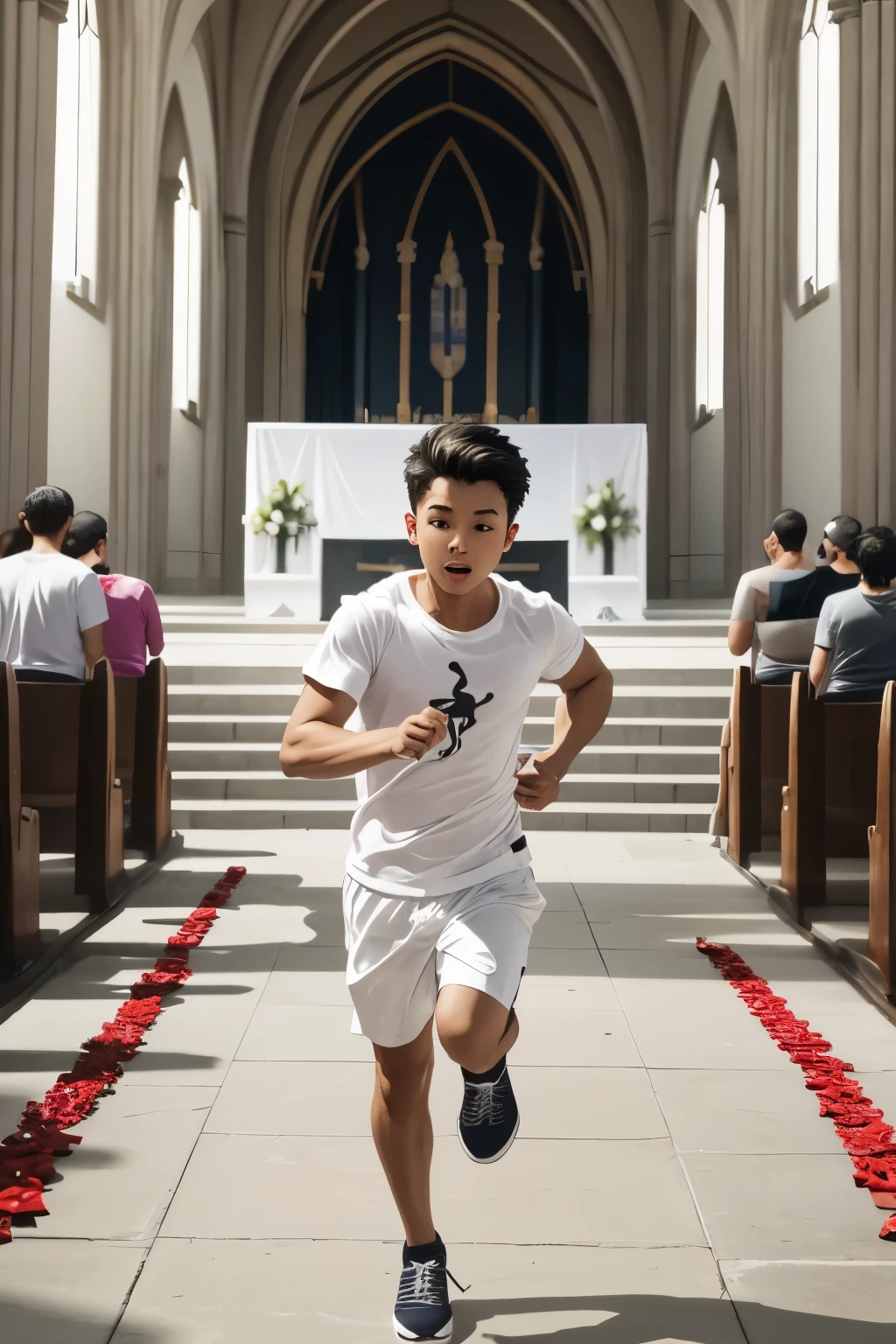 A little is running to the altar of God, white t-shirt, cartoon,