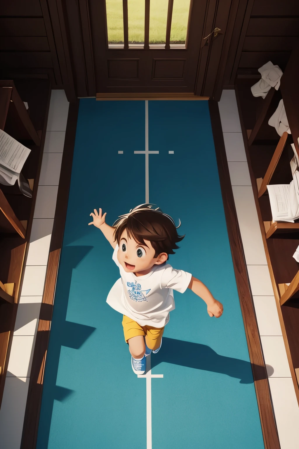 A little  is running to the altar of God, white t-shirt, cartoon,