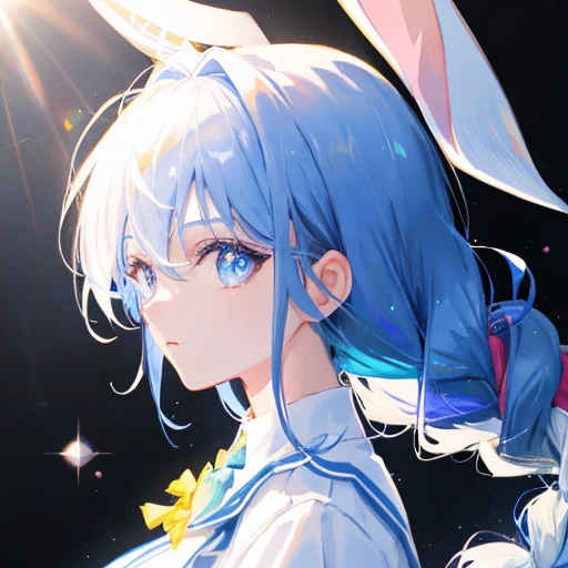 (shape: Used Pecora), Bunny girl, blue hair, twin braids, girl, alone, {{masterpiece}}, highest quality, Highly detailed CG Unity 8K wallpaper, cinematic lighting, Lens flare, beautiful detailed eyes, side line, colorful light, particle,