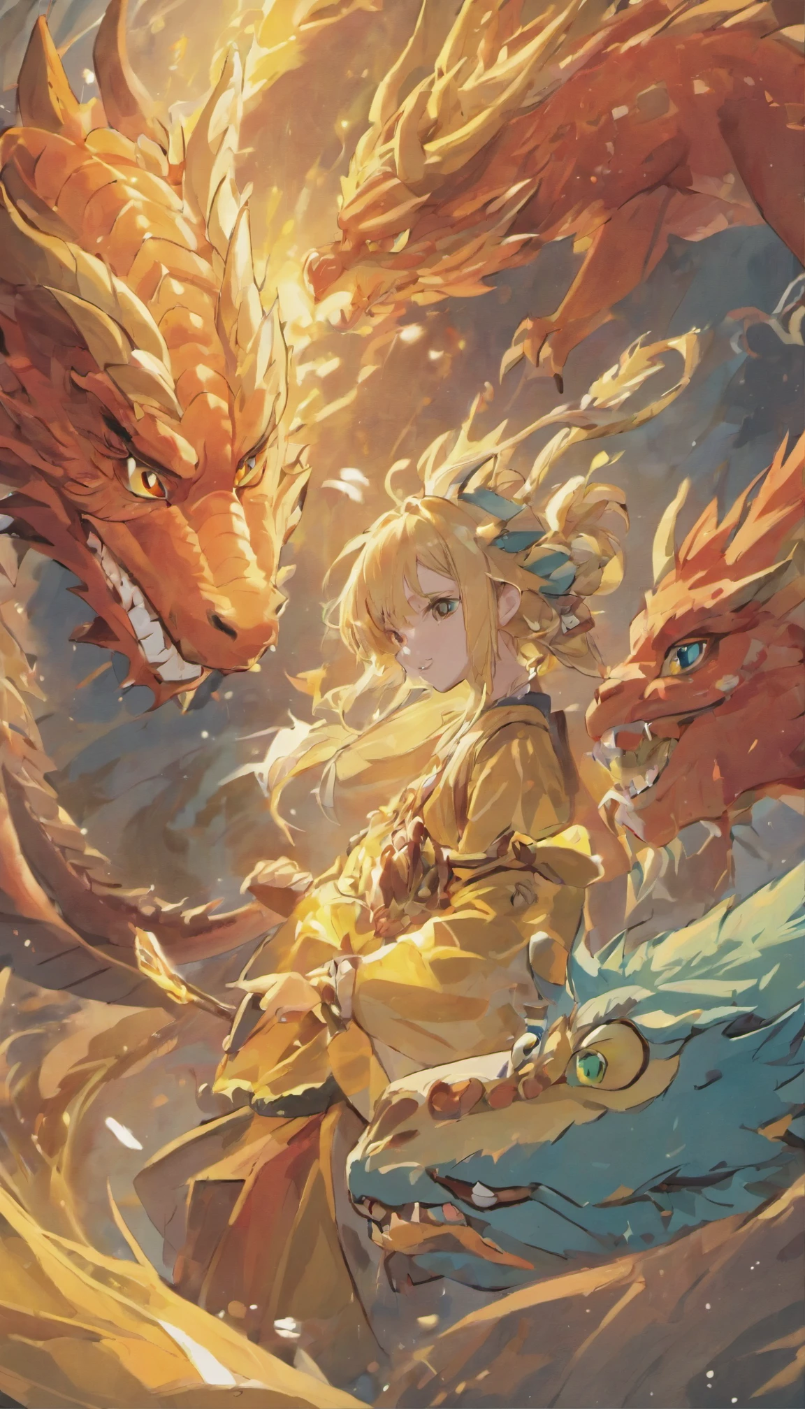 Dragon avatar, The character assumes the form of a dragon, National tide chart, cute style, Tang suit，cute expression，The content is vivid，there is a girl，very happy，Warm colors