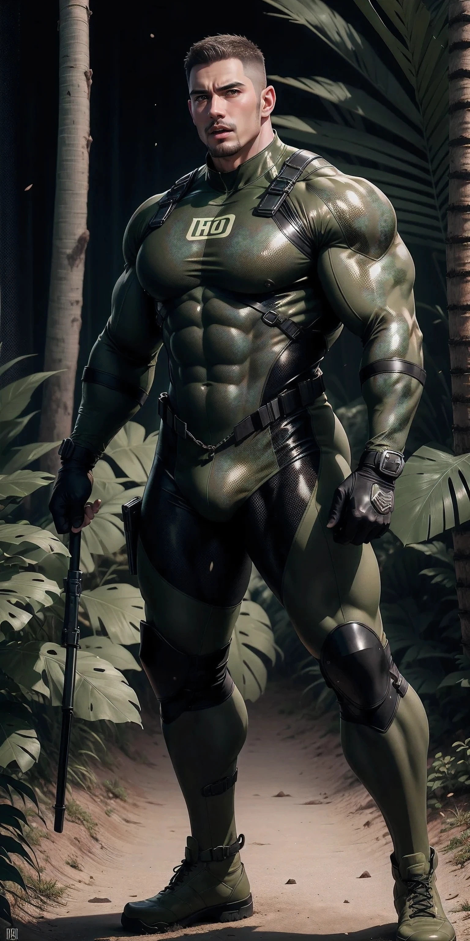 High, huge, muscular man with his mouth open and screaming.，Khaki camouflage uniform，character idea（Resident Evil - chris redfield，chris redfield）buzz clip，Wearing a khaki camouflage wetsuit，Matte texture，regular symmetrical texture pattern，Standing in the dark sugar cane jungle, The body is wrapped in thick rattan，sad expression，Deep and charming eyes，Emerald Pupil Hero，heroic male pose，高大burly，muscular！Charming leg muscles，High, burly, Heqiang， Wearing a khaki camouflage wetsuit， Super gain and cool， high resolution committee， Big feet in black boots，Charming strong man，The bright sunshine is shining on you，matte particles，shiny texture