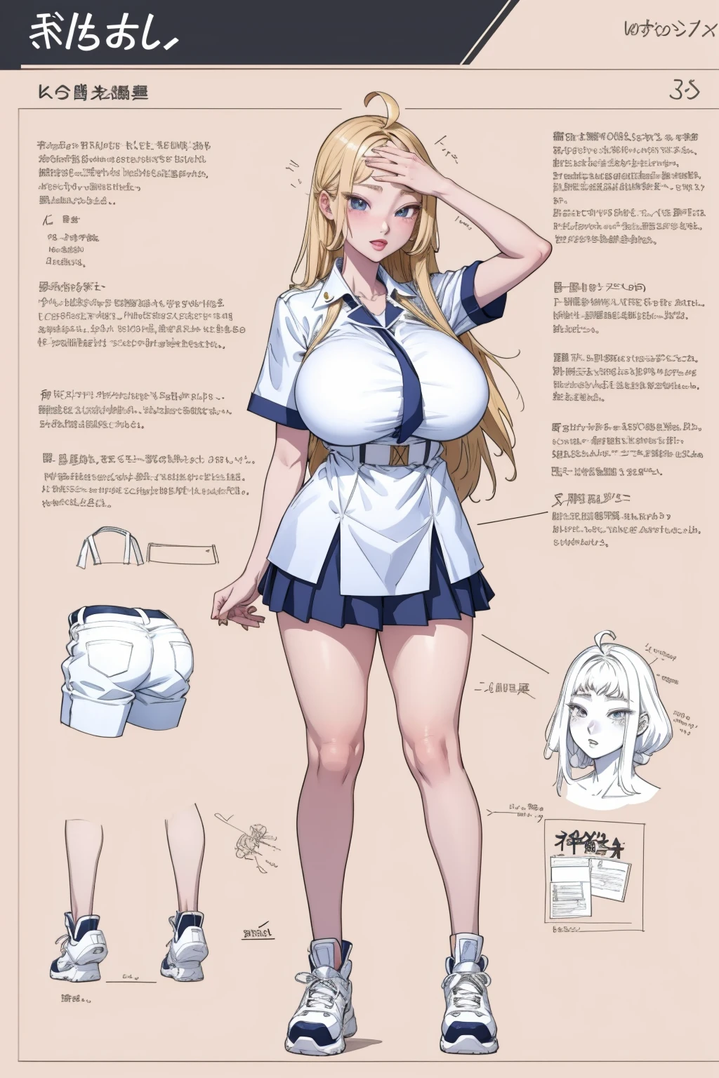 girl, solo, full body, from head to toe, standing, (Huge_Breasts:1.3), short skirt,
Character Design Sheet, character reference sheet, character turn around,
minami_fuyuki, ahoge,