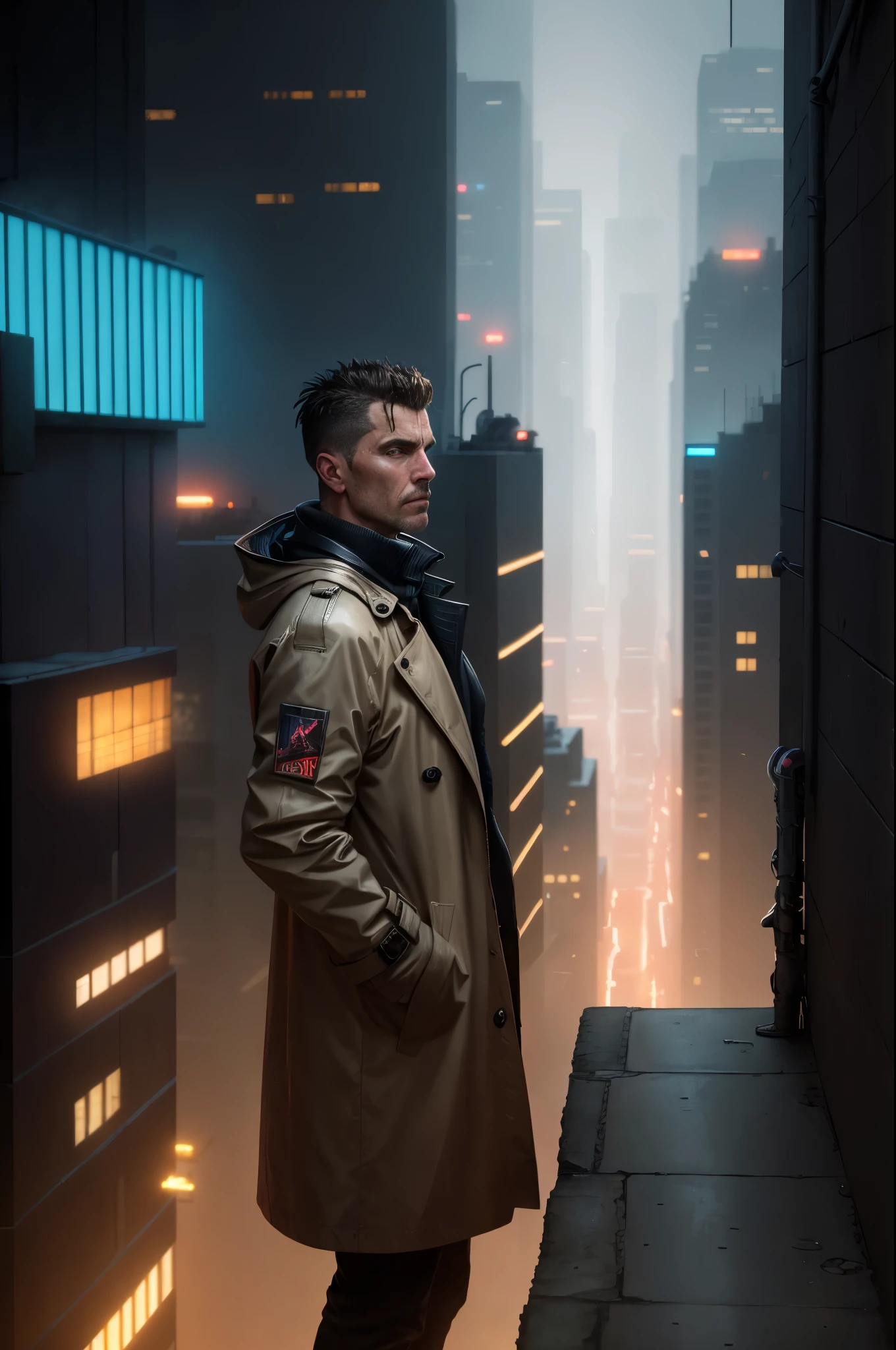A man, 45 years old, brown eyes, hair shaved on the sides, combed back, unshaven, wearing a dark trench coat with the collars turned up. Hands in his pockets, He is leaning against the parapet of a building, observing from above the night of the cyberpunk city below in the background. Background futuristic cyberpunk make it realistic, Blade Runner, 8k, ultra hd