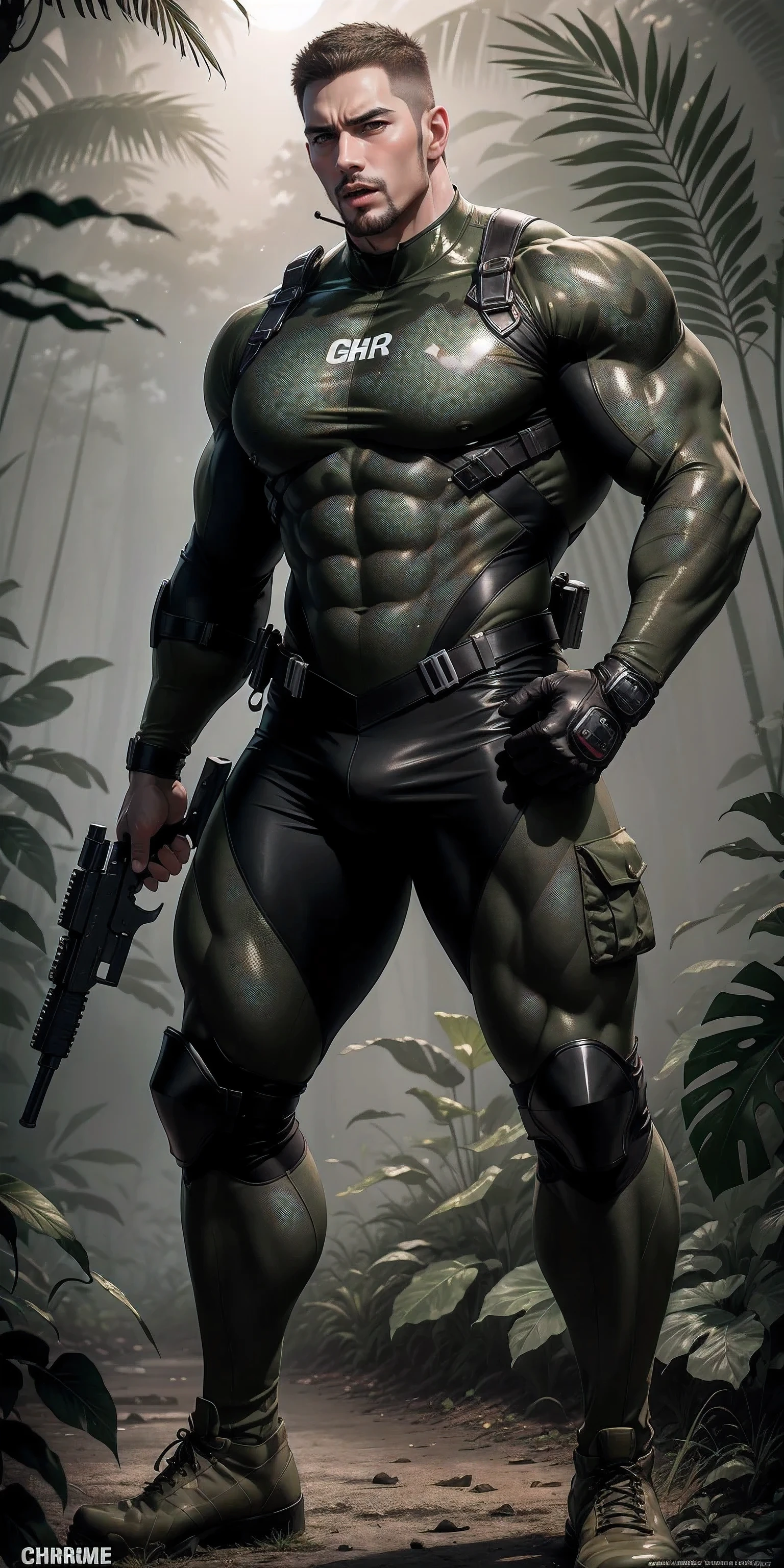 High, huge, muscular man with his mouth open and screaming.,Khaki camouflage uniform,character idea(Resident Evil - chris redfield,chris redfield)buzz clip,Wearing a khaki camouflage wetsuit,Matte texture,regular symmetrical texture pattern,Standing in the dark sugar cane jungle, The body is wrapped in thick rattan,sad expression,Deep and charming eyes,Emerald Pupil Hero,heroic male pose,高大burly,muscular!Charming leg muscles,High, burly, Heqiang, Wearing a khaki camouflage wetsuit, Super gain and cool, high resolution committee, Big feet in black boots,Charming strong man,The bright sunshine is shining on you,matte particles,shiny texture