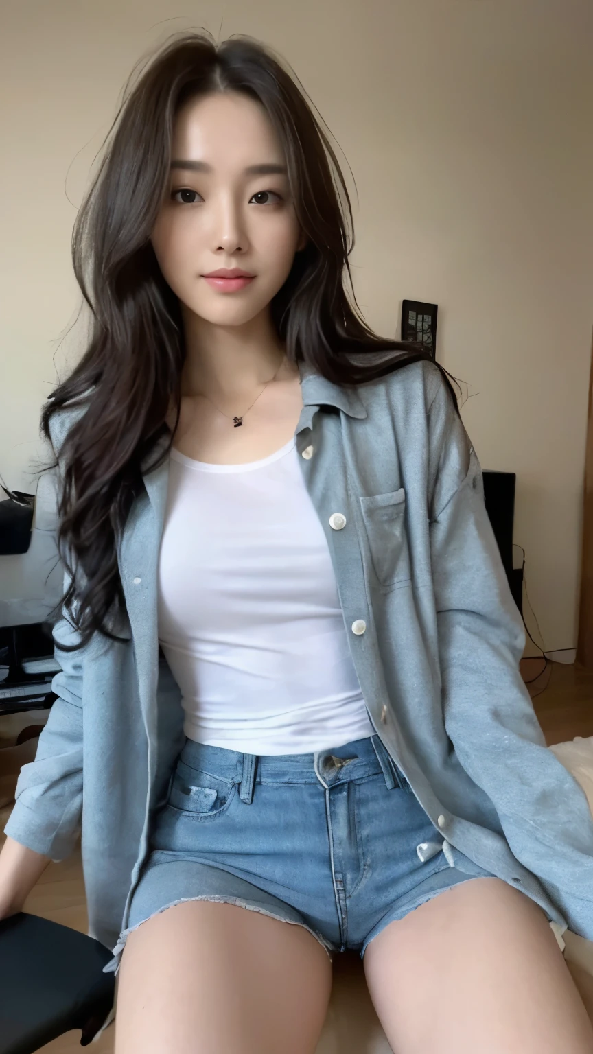 ((top-quality、8k、​masterpiece:1.3))、Beautiful woman with perfect body:1.4、slim abdomen:1.2、Longhair, normal breast, Highly detailed facial and skin texture, A detailed eye, (smile), (full body shot), ((computer room)), (sitting on chair), (((wearing t-shirt with jacket and short pants))), looking in front