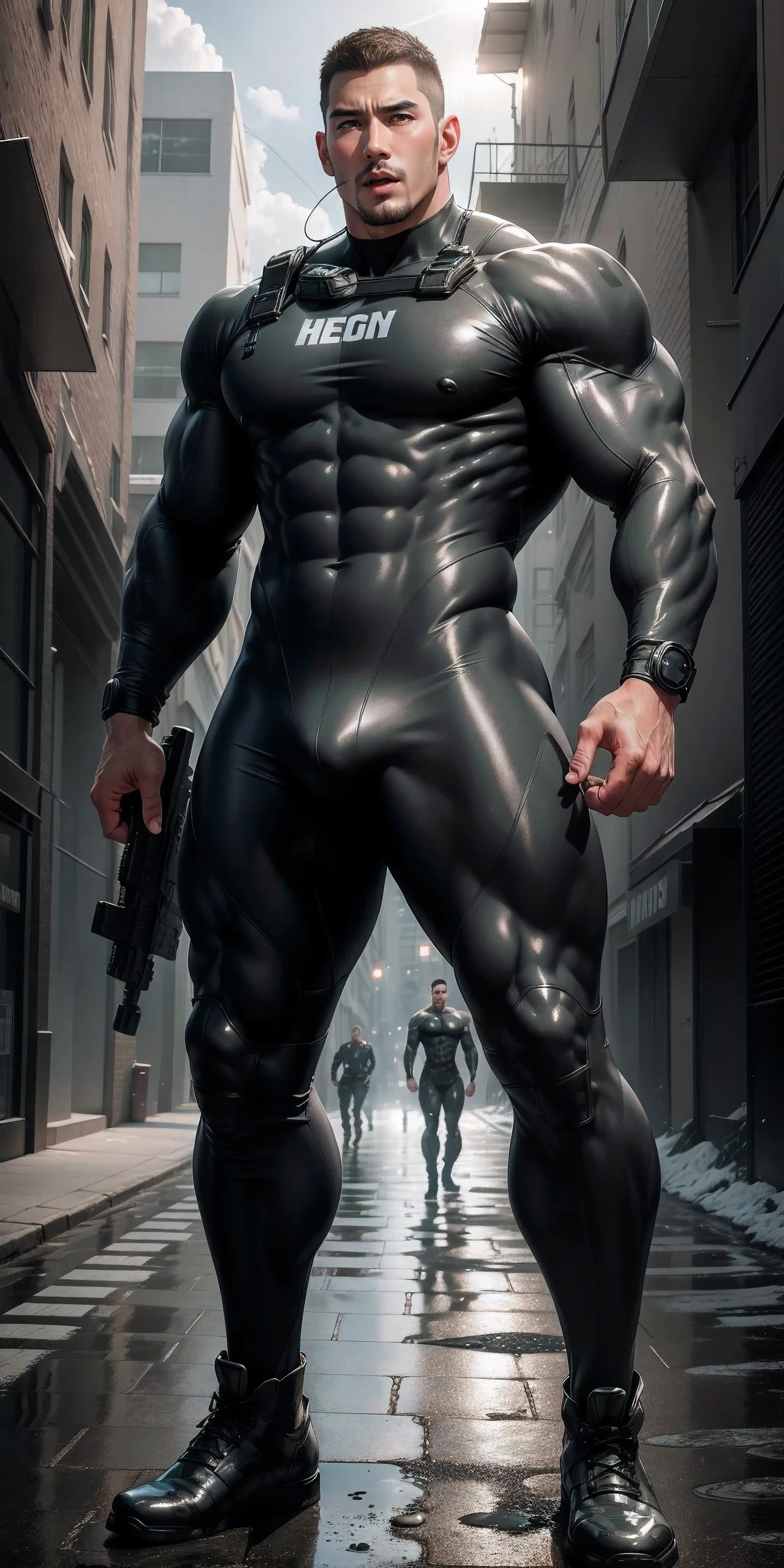 High, huge, muscular man with his mouth open and screaming.,Light gray camouflage uniform,character idea(Resident Evil - chris redfield,chris redfield)Wearing a light gray camouflage wetsuit,Matte texture,regular symmetrical texture pattern,Standing on Slime Street, A lot of silty silt,sad expression,Deep and charming eyes,Emerald Pupil Hero,heroic male pose,高大burly,muscular!Charming leg muscles,High, burly, Heqiang, Wearing a light gray camouflage wetsuit, Super gain and cool, high resolution committee, Big feet in black boots,Charming strong man,The bright sunshine is shining on you,matte particles,shiny texture