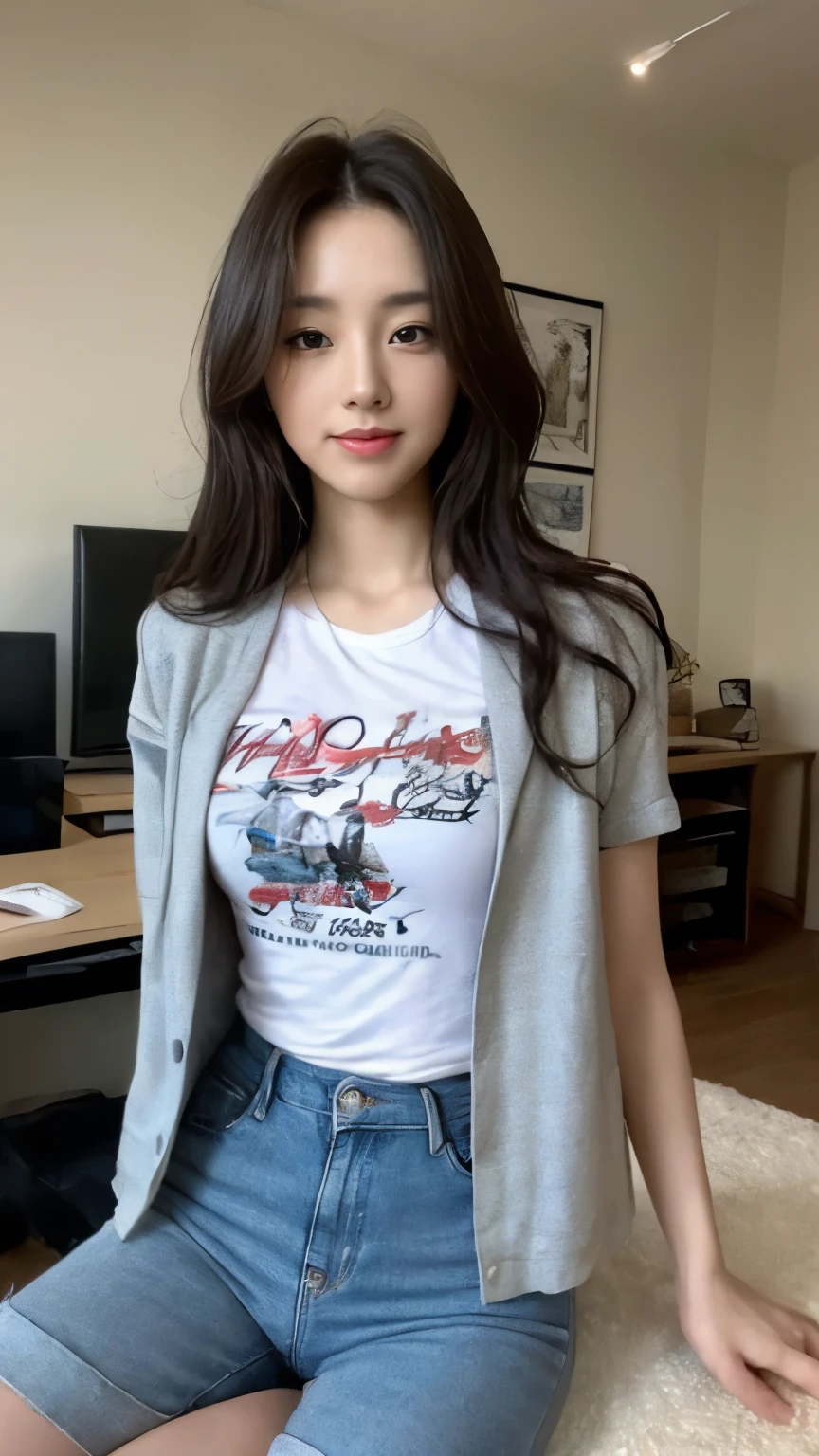 ((top-quality、8k、​masterpiece:1.3))、Beautiful woman with perfect body:1.4、slim abdomen:1.2、Longhair, normal breast, Highly detailed facial and skin texture, A detailed eye, (smile), (full body shot), ((computer room)), (sitting on chair), (((wearing t-shirt with jacket and short pants))), looking in front