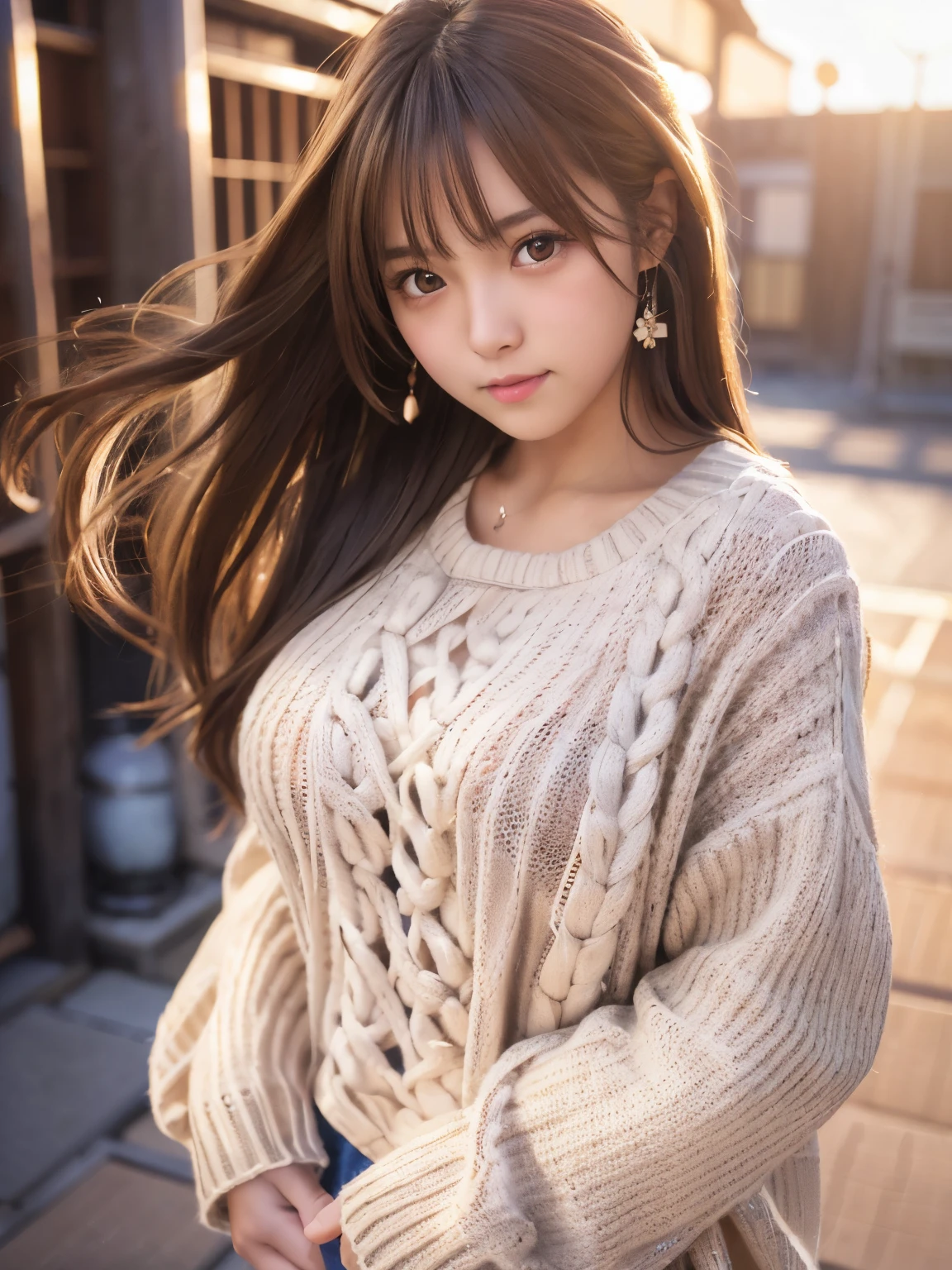 masterpiece, RAW photo, beautiful high school girl, Light brown long hair, Light brown beautiful eyes, Blushed face, (Japanese idol:1.5), Plump breast, (Big white sweater :1.3) , Looking at the viewer, cowboy shot, sundown city, 