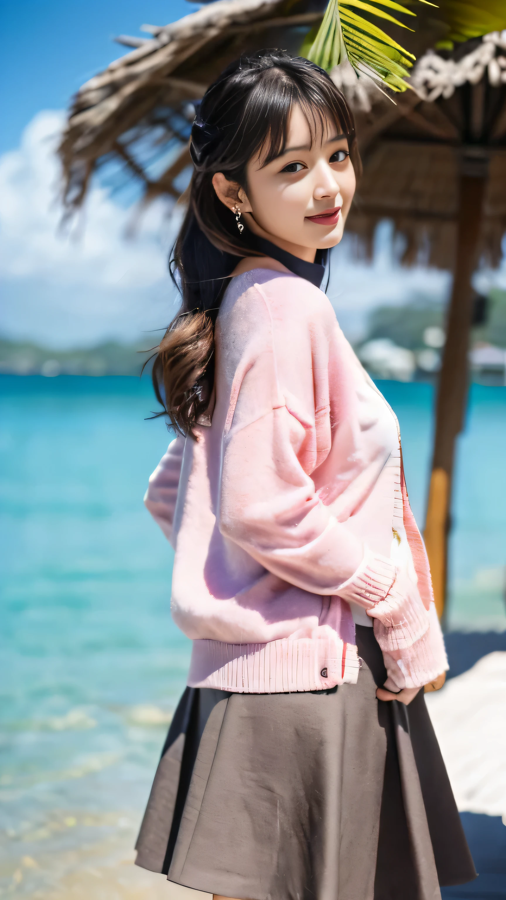 ((masterpiece))、(((Highest image quality))、((High resolution))、((High Definition CG Unity 8k Wallpapers))、solo、facial details、pink cardigan、red skirt、white shirt、outdoor、facial details、beach、栗毛全身のHigh resolution画像でカメラを見つめながら微笑んでいます The best piece
