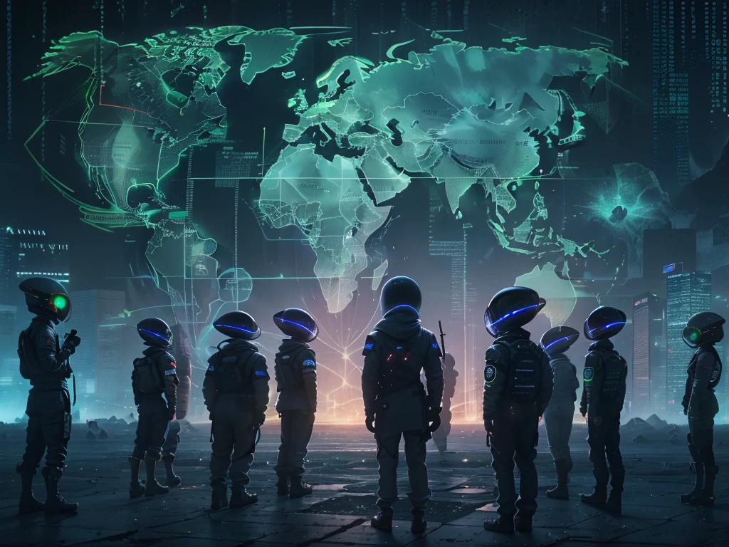 (Silhouettes of multiple aliens with big heads), extraterrestrial, (highest quality, 4K, High resolution, masterpiece:1.2), super detailed, HDR, Professional, sci-fi style, (World map projected on a cyber screen:1.4)、hologram