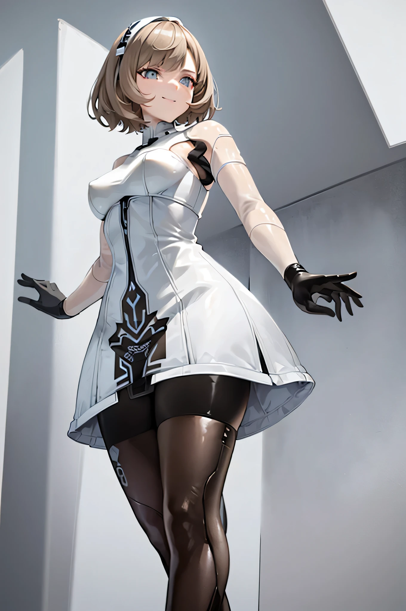 1girl, solo, android, wearing a futuristic designed silver short pencil skirt dress with thigh-high white leggings, and white shoes with heels.  steel grey eyes, (((short brown hair))). android seam lines. The dress has some ((hexagonal patterned cloth)), (((Polyurethane leather))) and ((Electro Luminescent Wiring)), standing, smiling expression, confident pose, futuristic city in background.